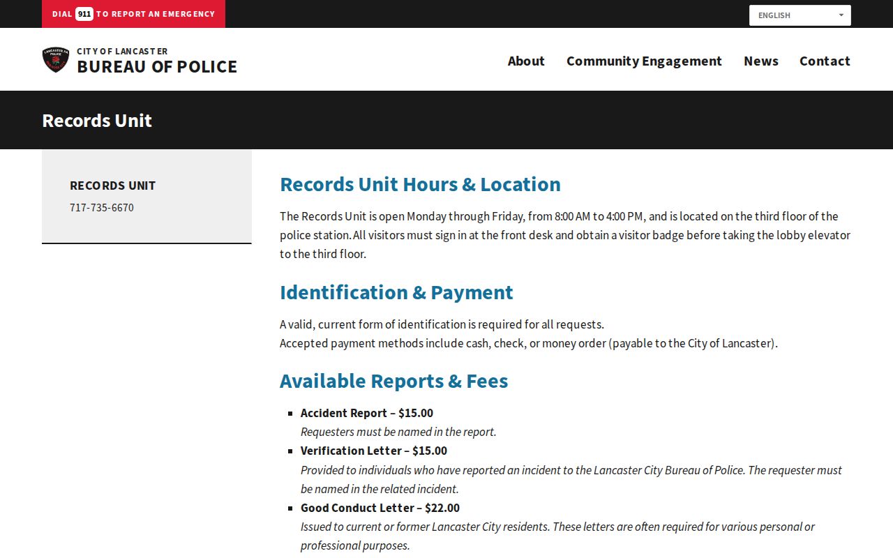 Lancaster neighbors page view of the Lancaster City Police Records Unit access page