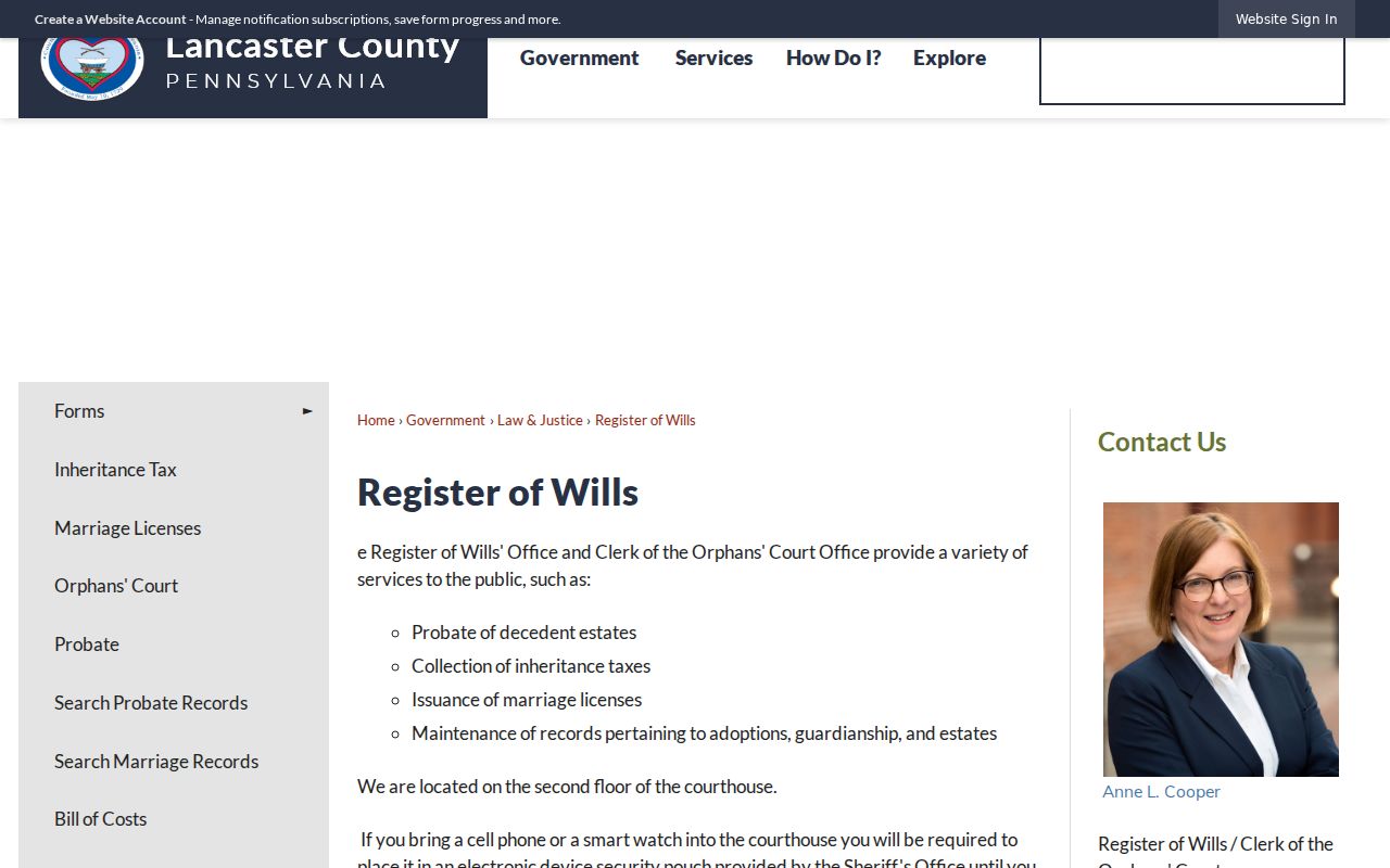 Lancaster previous residents records at the Register of Wills