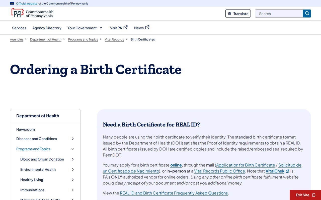 Lancaster resident lookup view of the Pennsylvania birth certificate ordering page