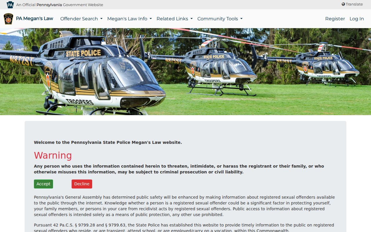 Lancaster resident lookup view of the Pennsylvania Megan's Law search entry